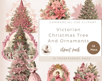 May include: A digital clipart pack of 16 Victorian Christmas tree and ornament illustrations. The illustrations feature pink and green Christmas trees, ornaments, flowers, and children in vintage clothing.