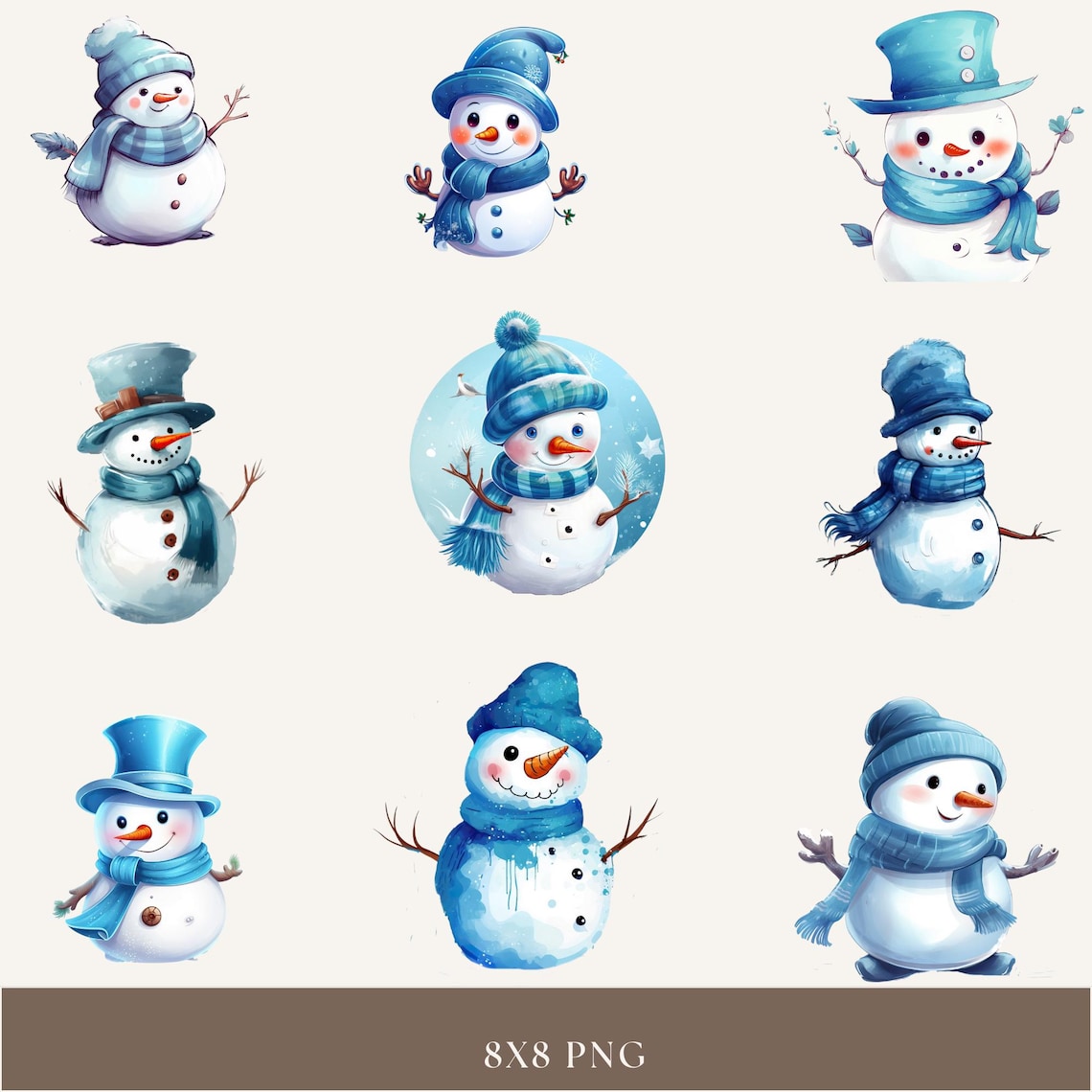 Watercolor Cute Blue Snowman Clipart Bundle, Watercolor Clipart ...