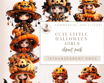 Cute Halloween Girls, Halloween Clipart, Halloween Pumpkin Girl, Transparent Background, Fashion Girls, Commercial Use, Digital Crafts
