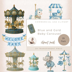 Puede incluir: Conjunto de imágenes prediseñadas de acuarela con diseños de carrusel para bebés en azul y dorado. Incluye un carrusel, una pancarta que dice "WELCOME BABY", un puesto de algodón de azúcar y un elefante. El paquete contiene 29 PNG transparentes.