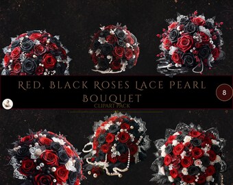 Gothic Wedding Clipart, Red and Black Roses Clipart, Black Lace and Pearls Roses Bouquets, Gothic Clipart, Commercial Use, Digital Crafts