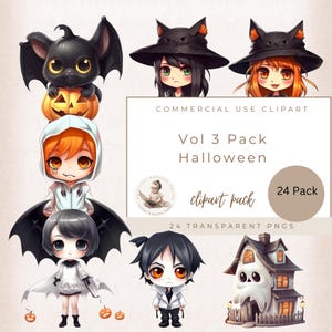Clipart Halloween mignon, clipart fantôme d'Halloween, maison hantée d'Halloween, chats mignons, petites sorcières, clipart chauves-souris, usage Commercial