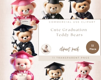 Cute Graduation Teddy Bears Clipart, Graduation Clipart, Grad Bear Graphics for Invitations, Preschool Graduation, College Graduate