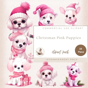 Süße Weihnachtswelpen, Weihnachten Clipart, Rosa Weihnachten Clipart, Nikolausmütze, Süße Rosa Hunde Clipart, Welpe Illustration, Kommerzieller Gebrauch,