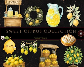 Lemon Clipart Bundle, Watercolor Citrus PNG, Lemonade Stand Clipart, Lemon Tree, Summer Botanical, Kitchen Decor, Commercial Use