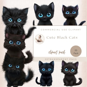 Clipart mignon chat noir, chats yeux bleus, usage commercial, clipart chat, clipart animal de compagnie, fabrication de cartes, amoureux des chats, Clipart Animal, PNG transparents