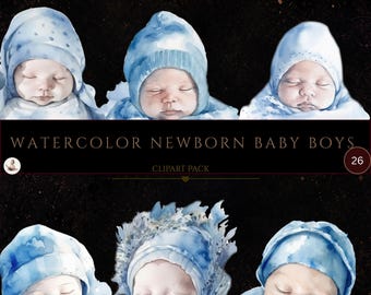 Watercolor Newborn Baby Boy Clipart Bundle, Newborn Clipart, Baby Clipart, Digital Download, Watercolor Clipart, Baby Shower, Nursery Decor