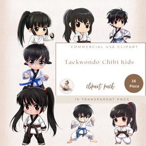 Taekwondo Chibi Kids, Artes Marciais Clipart, Chibi Clipart, Faixa Azul e Marrom Clipart, Esportes Clipart, Uso Comercial, Artesanato Digital