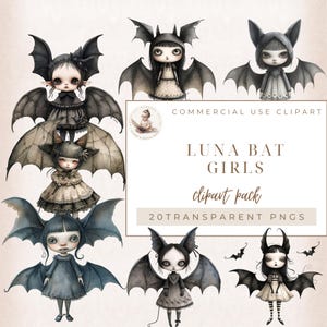 Clipart Luna Bat Girl, Clipart Bat, Quirky Girl Clipart, Clipart Halloween, Witchy Bat Girl, Użytek komercyjny, Rzemiosło cyfrowe, Skrzydlata dziewczyna nietoperz