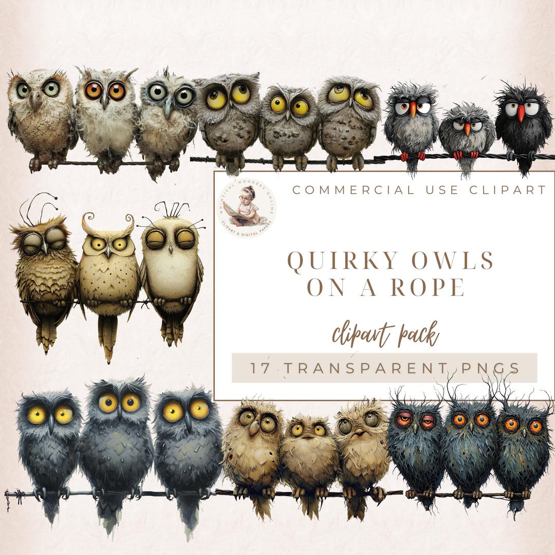 Quirky Owl Clip Art, Owl on A Rope, Funny Owl, Pets Clipart