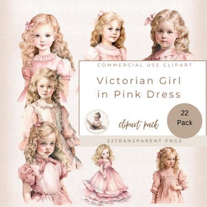 Cute Victorian Girls Clipart, Vintage Watercolor Clipart Graphics, Pink Vintage Dress, Junk Journal, Commercial Use, Digital Crafts