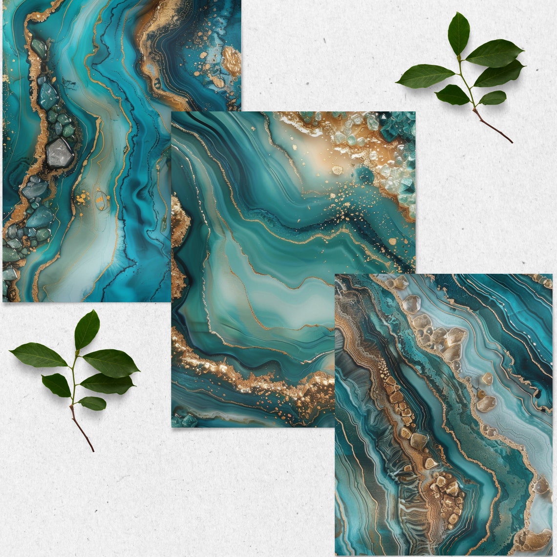 Teal Geode Computer Background Teal Gold Sparkling Geo Crystal Digital Papers, Teal Agate Geode Quartz ...
