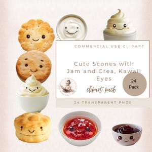 Cute Kawaii Scones and Cream Jam Graphics, Scones Clipart, Baby Shower Clipart, Commercial Use, Kawaii Clipart, Bakery Clipart, Digi Crafts