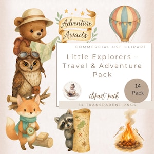 Abenteuer erwartet Clipart, niedliche Reise und Camping Clipart, Aquarell Entdecker Tiere, Kompass und Karte PNGs für Kinder, Naturthemen