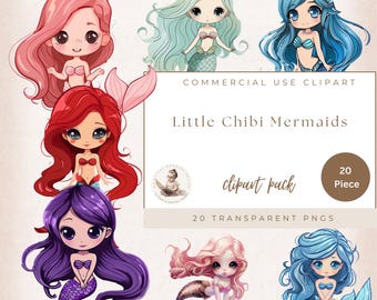 Kleine Chibi Meerjungfrauen, Meerjungfrau Clipart, unter dem Meer Clipart, PNG-Format. Transparenten Hintergrund, Sublimation, Mermaid Birthday Party.