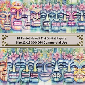 Peut inclure: Un ensemble de 18 papiers numériques aquarelle pastel avec des masques Tiki hawaïens. Les masques sont de différentes couleurs, dont le rose, le bleu, le jaune et l'orange. Le texte de l'image indique "18 Pastel Hawaii Tiki Digital Papers Size 12x12 300 DPI Commercial Use."