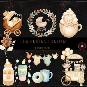 コーヒーベビーシャワークリップアート、ベビーブリューグラフィック、ラテラブベビーシャワーデコレーション、パーフェクトブレンド水彩クリップアートパック、即時ダウンロード