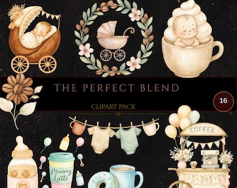 Imágenes prediseñadas de café para baby shower, gráficos de Baby Brew, decoración para baby shower "A Latte Love", paquete de imágenes prediseñadas en acuarela "The Perfect Blend", descarga instantánea.