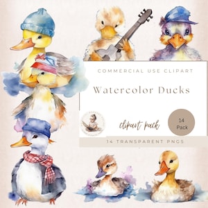 Clipart canards aquarelle, clipart canard, caneton, clipart aquarelle, téléchargement numérique, canard Png, usage commercial, canards mignons.