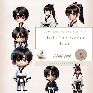 Taekwondo Kinder, Martial Arts Clipart, Chibi Clipart, Weißer Gürtel Clipart, Schwarzer Gürtel, Sport Clipart, kommerzielle Nutzung, digitales Kunsthandwerk