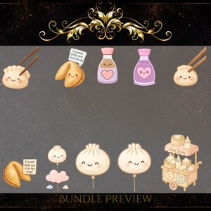 May include: A set of charming dim sum illustrations, featuring dumplings, fortune cookies with text, heart-adorned soy sauce bottles, and a dim sum cart. The text "A sweet little one is on the way!" is visible.