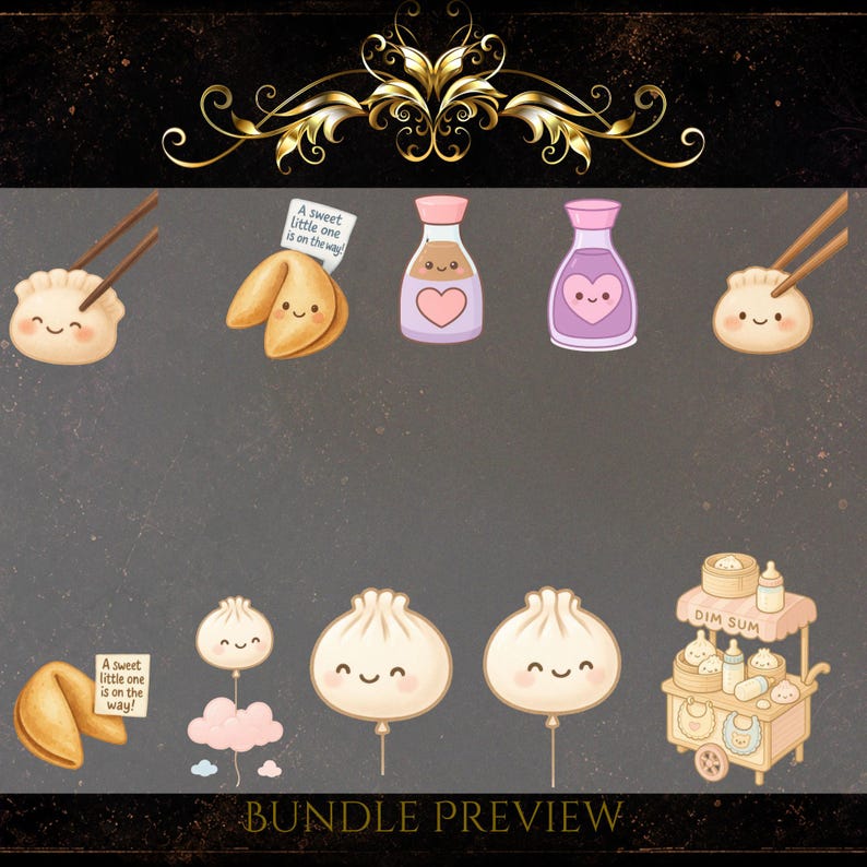 May include: A set of charming dim sum illustrations, featuring dumplings, fortune cookies with text, heart-adorned soy sauce bottles, and a dim sum cart. The text "A sweet little one is on the way!" is visible.