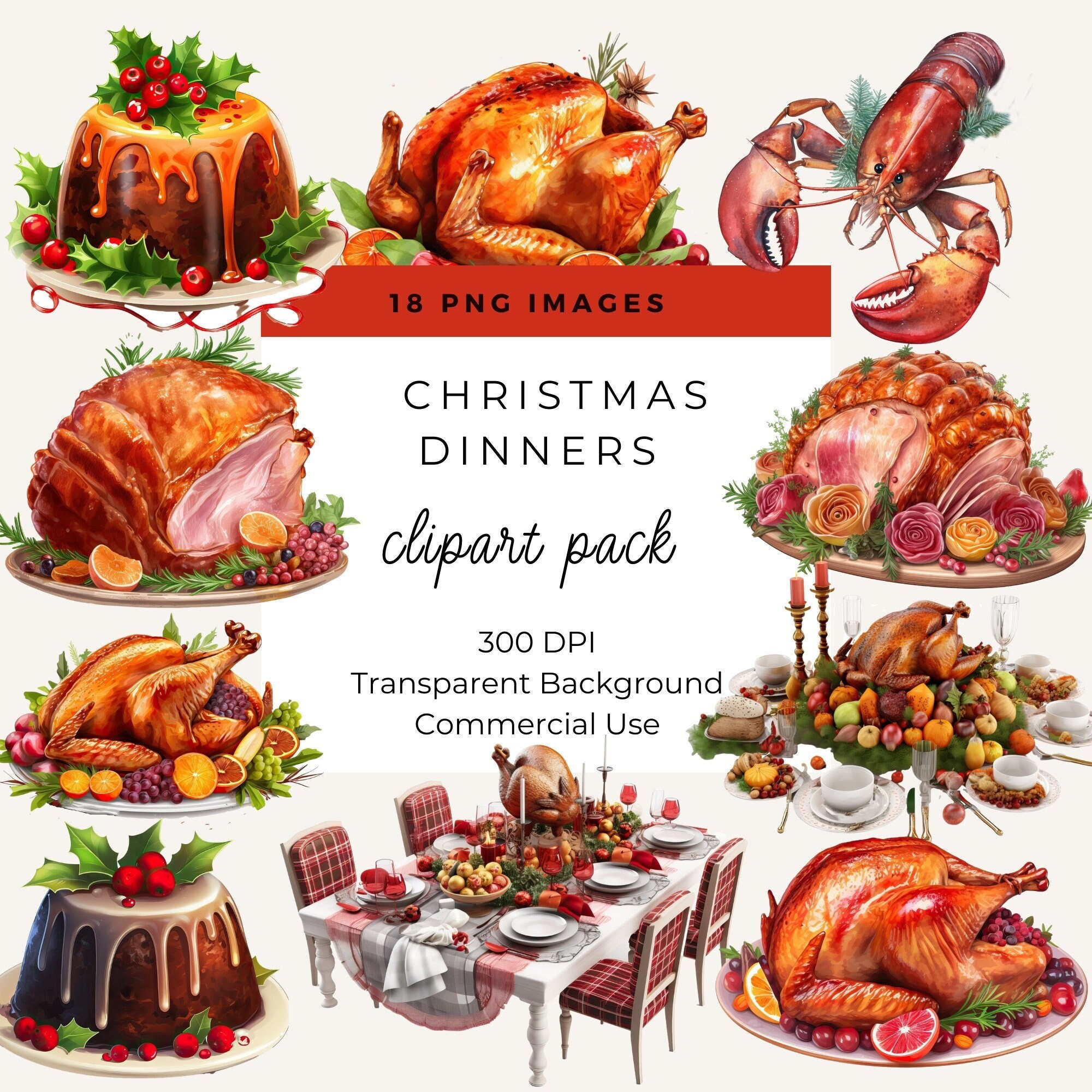 Christmas Dinner Clipart, Watercolor Food Clipart, Dinner Clipart, Commercial Se, Christmas ...