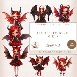 Clipart Little Devil, Clipart Halloween, Małe Czerwone Diabły, Clipart Girl Devil, Dark Fantasy, Clipart Gothic, Użytek komercyjny, Rzemiosło cyfrowe