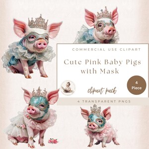 Baby varken prinses, roze maskerade clipart, gemaskerd bal, prinses varken met masker illustratie, babyshower clipart, commercieel gebruik,