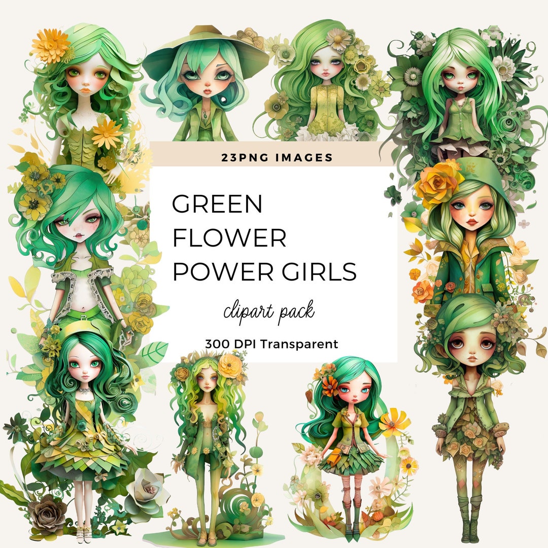 Green Flower Girls Clipart Flower Power Girl Clip Art Pack - Etsy