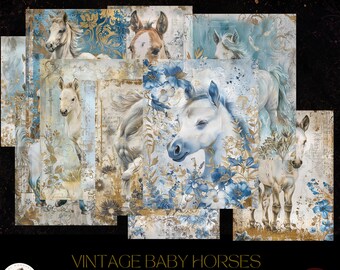 Diario creativo con cavallini blu, stampabile, carta con cavalli, diario creativo vintage, kit digitale per diario con cavallini, diario stampabile, carte con cavalli