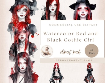 Watercolor Red and Black Gothic Girl Clipart, Watercolor Clipart, Commercial Use, Gothic Fashion, Halloween Clipart, Card Making, Scrapbook