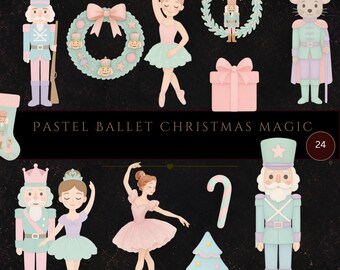 Pastell Nussknacker Weihnachten Clipart Set, Zuckerfee, Ballerina, Spielzeugsoldat, Candyland Urlaub PNGs, Ballett Weihnachten Clipart Paket