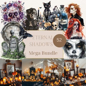 Mutter der Albträume Clipart, Gothic Halloween, Tag der Toten Schädel, Geist, Blumen, Geist Wölfe, Zuckerschädel, dunkel ästhetische Clipart