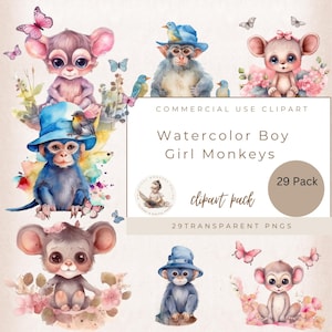 Cute Watercolor Baby Monkey Clipart Set, Monkey PNG, Baby Shower, Nursery Art, Digital Download, Commercial Use, Animal Clipart, Card Making