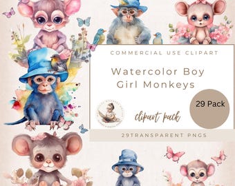 Lindo conjunto de imágenes prediseñadas de mono bebé en acuarela, mono PNG, baby shower, arte infantil, descarga digital, uso comercial, imágenes prediseñadas de animales, creación de tarjetas