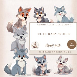 Baby Wolf Clipart, Cute Animals PNG, Forest Nursery Wall Art, Jungle Animals Clip Art, Forest Baby Shower, Commercial Use, Nursery Decor Art