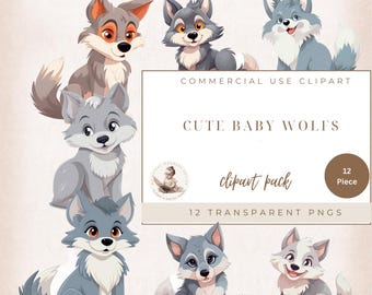 Clipart de lobo bebé, PNG de animales lindos, arte mural para guardería forestal, clip art de animales de la selva, baby shower forestal, uso comercial, decoración de guardería