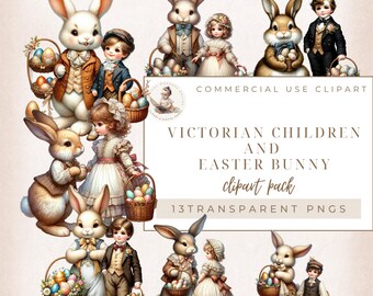 Lindos clipart de Pascua, clipart de niños victorianos, clipart de moda, conejito de Pascua y niños victorianos, clipart de conejito de Pascua, clipart victoriano