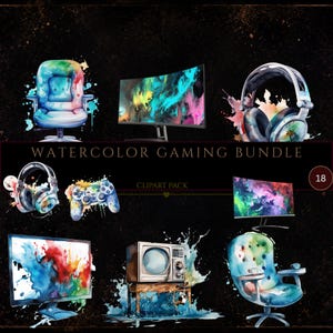 Peut inclure: Une collection numérique intitulée Watercolor Gaming Bundle Clipart Pack présentant des illustrations à l'aquarelle de chaises de jeu, d'écrans incurvés, d'écrans plats, de casques, d'une manette et d'un téléviseur vintage avec des éclaboussures de peinture.