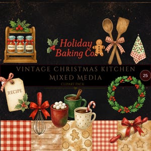 Pacote de Clipart Natalino Vintage para Cozinha, Conjunto de PNGs em Aquarela com Temas de Confeitaria Natalina, Gemada, Chocolate Quente, Etiquetas, Rótulos e Fundos Rústicos de Natal