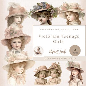 Clipart de acuarela de una linda adolescente victoriana, PNG transparente, descarga digital, creación de tarjetas, álbumes de recortes, diarios basura, uso comercial