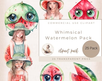 Whimsical Watermelon Clipart Pack, Watercolor Summer Fruit, Tropical Clipart, Commercial Use, Watermelon Kawaii eyes, Girl with Watermelon