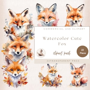Clipart aquarelle renard mignon, bébé animal clipart, usage commercial, PNG transparents, animaux de la forêt, chambre de bébé, Illustration de renard, art mural