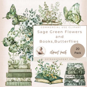 Fiori e libri verde salvia, farfalle, un nuovo capitolo, illustrazioni di libri ad acquerello, clipart di lettura per uso commerciale, diario di scarto