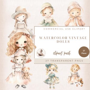 Vintage poppen clipart, antieke aquarel illustraties, Victoriaans kinderspeelgoed, plakboek, junk Journal, kortstondige, commercieel gebruik