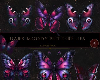 Butterfly Clip Art, Dark Moody Butterflies, Wedding Clipart, Butterfly Decor, Butterfly Graphics, Purple Butterfly, Commercial Use