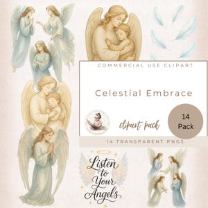 Anges célestes, clipart baby shower, clipart chrétien, clipart baptême, ange gardien, ange tenant bébé, usage commercial, fabrication de cartes