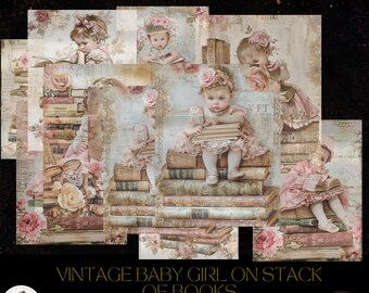 Kit de diario creativo para niñas pequeñas, páginas imprimibles vintage para bebés, artículos de biblioteca de estilo shabby chic, papeles para diarios de cuentos, uso comercial.