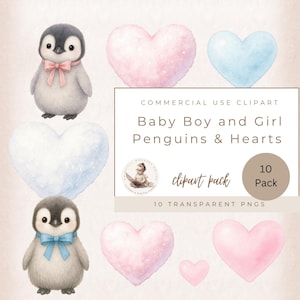 Garçon et fille bébé pingouin Clipart, clipart pingouin, clipart commercial, clipart animaux de l'Arctique, sexe et coeurs, clipart baby shower
